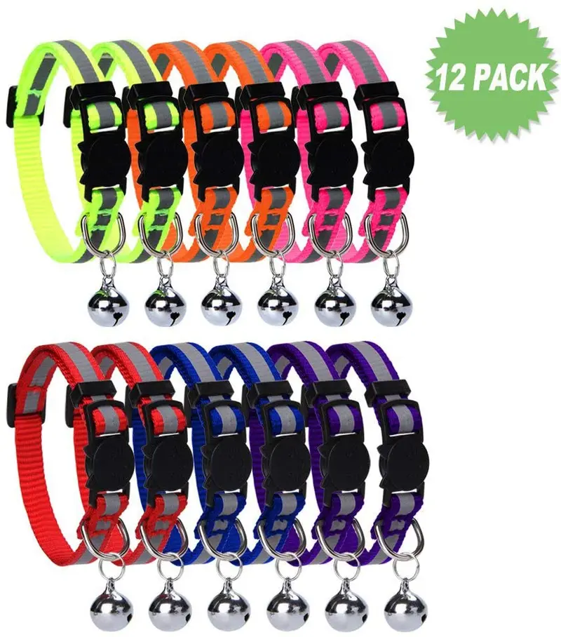 Cat Breakaway Collars Set 12 pcs con Bell Correa reflectante y hebilla de seguridad ajustable, 8 – 12"