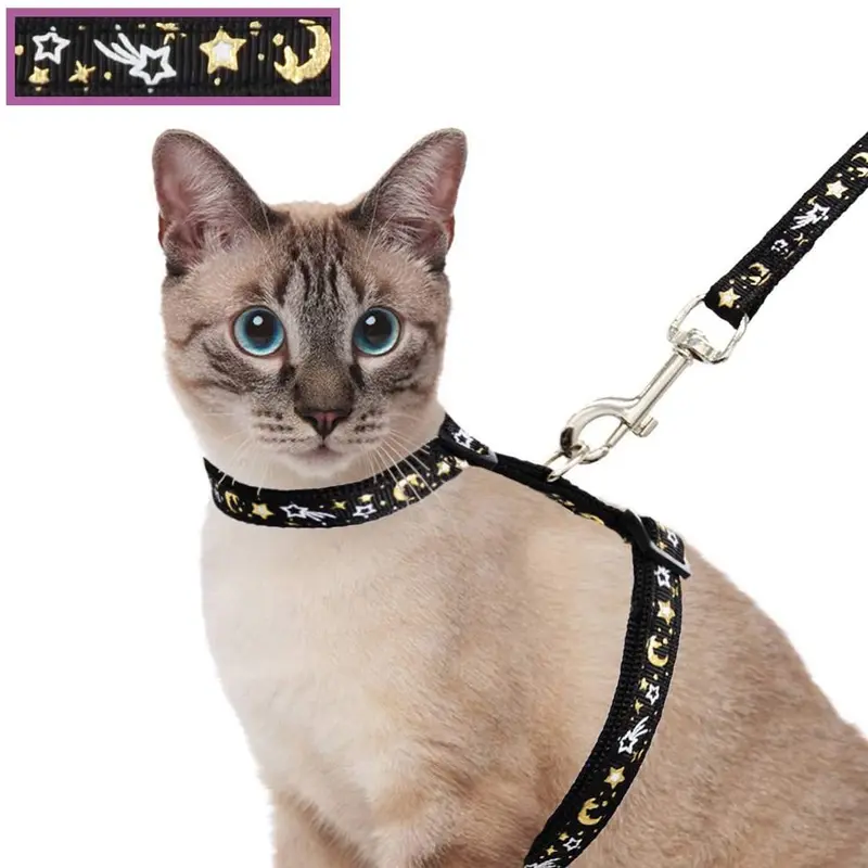 Cat Harness and Leash Set for Outdoor Walking Escape Proof Adjustable Soft Safety Strap with Golden Star and Moon Design Glow in The Dark