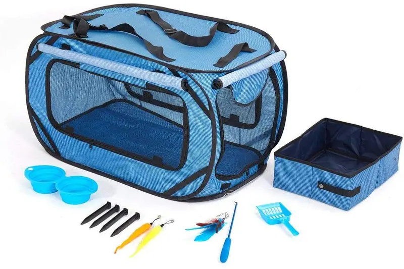 Cat Travel Cage Portable for Car Foldable Cat Cage Kennel for Indoor Outside Large Small Cats Enclosure Cage with Litter Box, Silicone Bowls, Toys Feather Teaser Wand, 32”x19”x19”