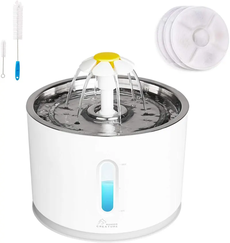 Cat Water Fountain Pet Fountain Stainless Steel, 2.4L Cat Water Dispenser with 3 Replacement Filters and Cleaning Brushes, Ultra Quiet Water Level Window with LED Light 3 Ways to Drink