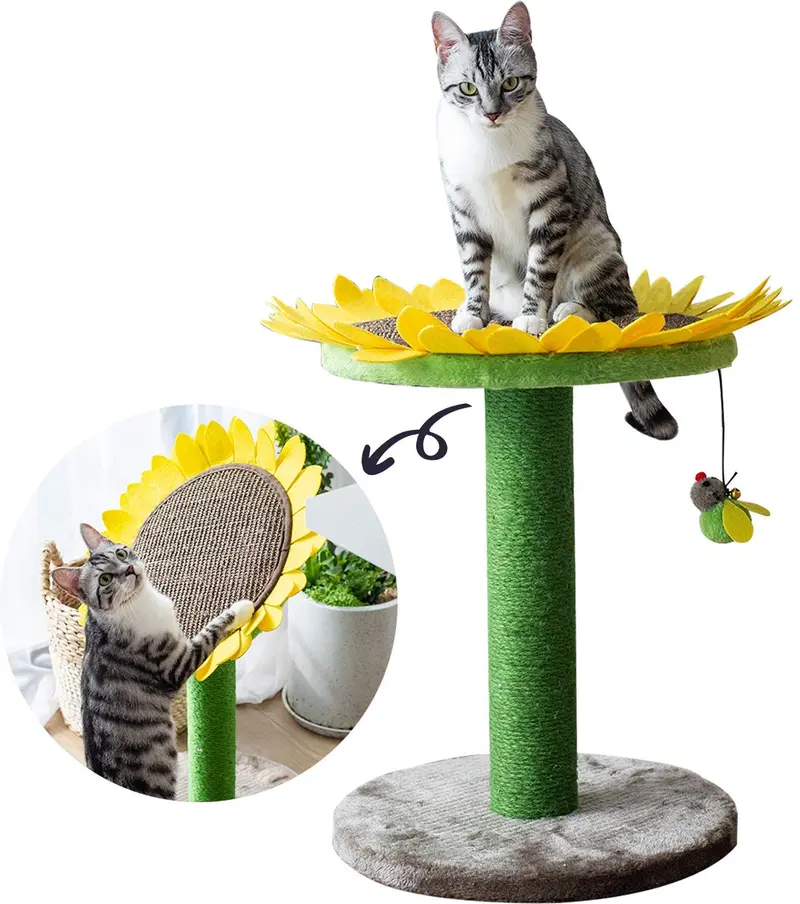 Catry Cat - Cama para árbol de girasol con poste rascador con torre de actividades de escalada cubierta de sisal y de fibra de yute natural 2 en 1 para rascar y cama, mejor regalo de vacaciones