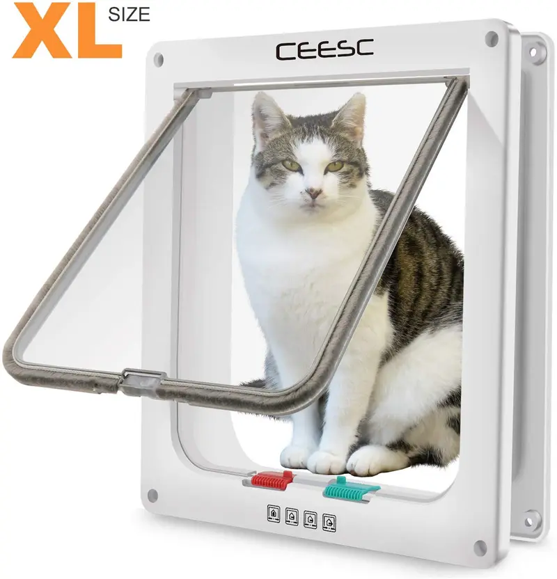 CEESC Pet Door for Cats & Doggie (Outer Size 11" x 9.8"), 4 Way Locking Extra Large Cat Door for Interior Exterior Doors, Weatherproof Cat Flap Door for Pet with Circumference < 24.8"