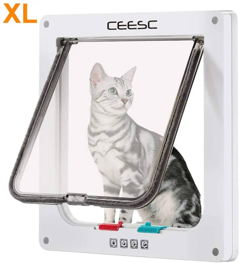 CEESC Puerta grande para gato (Tamaño exterior 11" x 9.8"), puerta de 4 vías con cerradura para ventanas y puerta de cristal corredera, puerta de solapa para gatos y perros con circunferencia < 24.8"