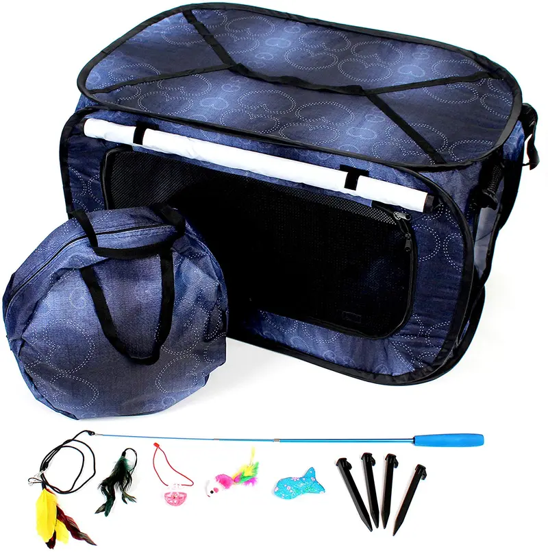CheeringPet – Jaula de viaje plegable portátil para mascotas – incluye bolsa de almacenamiento, 4 juguetes para gatos – panel de privacidad con cremallera de malla lateral