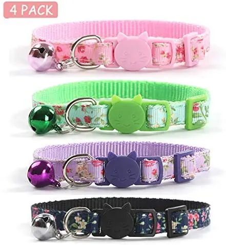 CHUKCHI 4 piezas de collares de gato de seguridad de liberación rápida con cascabel ajustable collar de gato con pequeño patrón floral colorido suave fuerte tira de nailon para gato, gatito