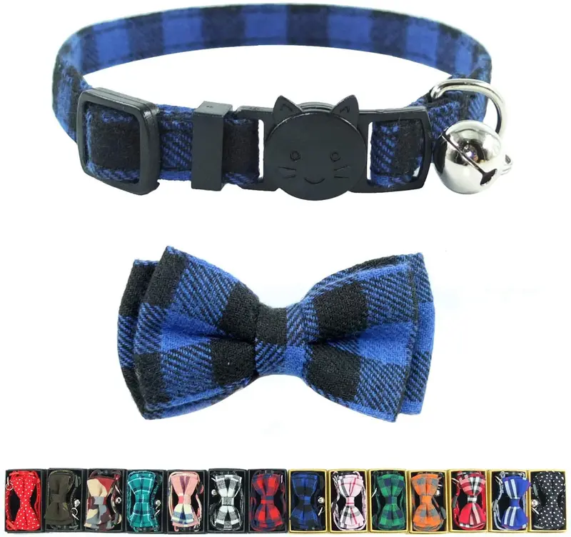 Collar de gato con capucha y pajarita, diseño a cuadros ajustable de seguridad Kitty Kitten Collares (6.8-10.8in)