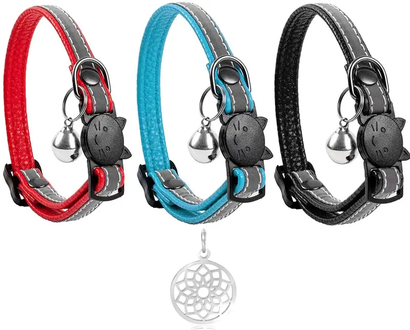 Collar de gato de cuero reflectante, juego de 3, más colgante de la suerte, con campana, collares de perro pequeño, collares de gatito, collar para mascota, reemplazo gratuito
