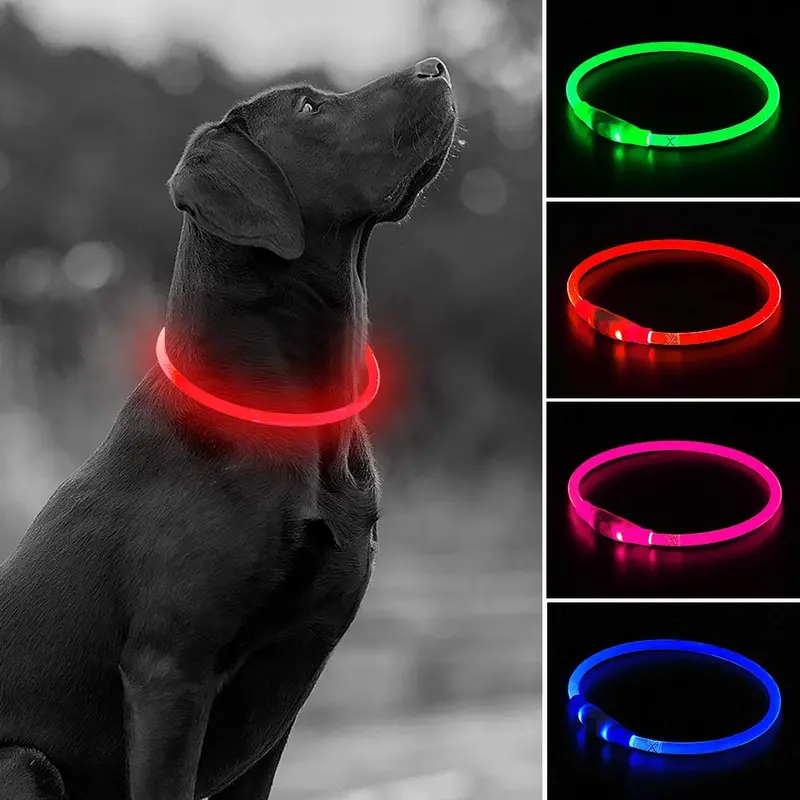 Collar de perro recargable por USB, LED, brilla en la oscuridad, collar para mascotas, resistente al agua, cortable, de TPU, para perros pequeños, medianos y grandes