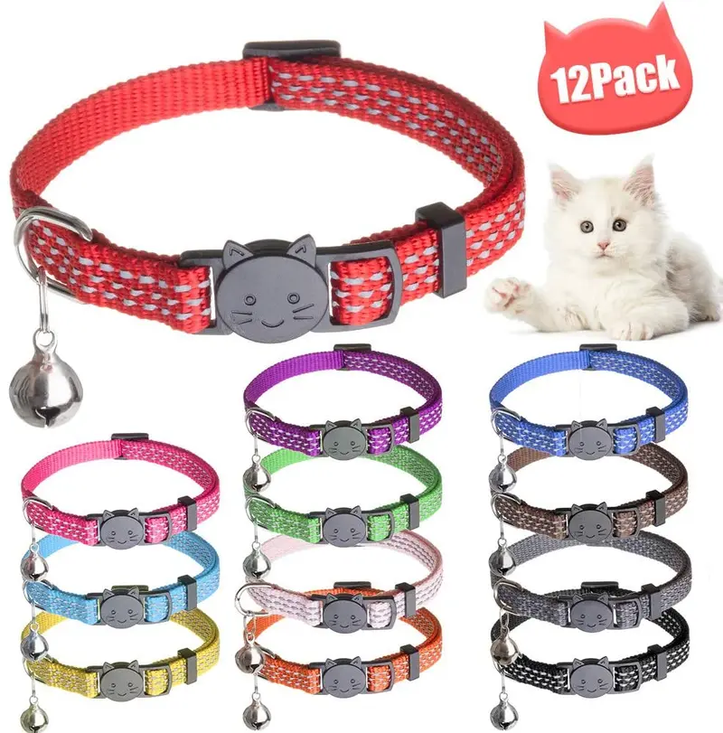 Collares para gatos con campana, 12 unidades, de nailon ajustable reflectante para mascotas, accesorio encantador para gatos, gatitos, 12 colores