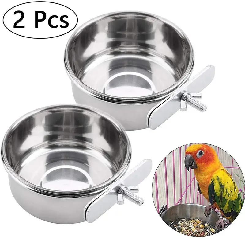 Comedero de pájaros con abrazadera, jaula de acero inoxidable para alimentos, cuencos de agua para loro, comedero de pájaros para jaula, animales pequeños, loro, pinzones, chinchilla – 2 paquetes