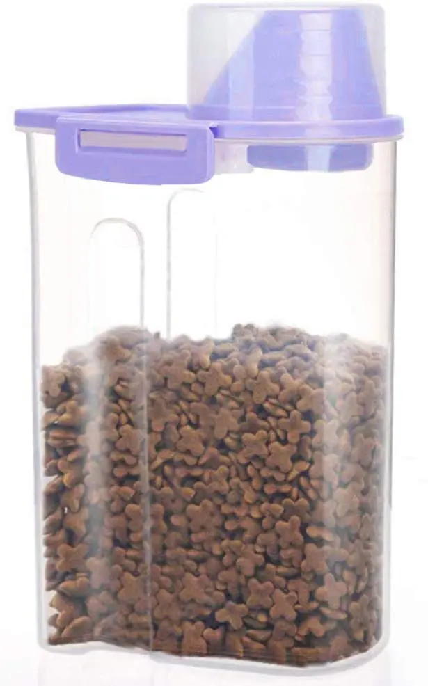 Contenedor de almacenamiento de alimentos para mascotas con taza de medición, boquilla de vertido y hebilla de sellado dispensador de alimentos para perros y gatos