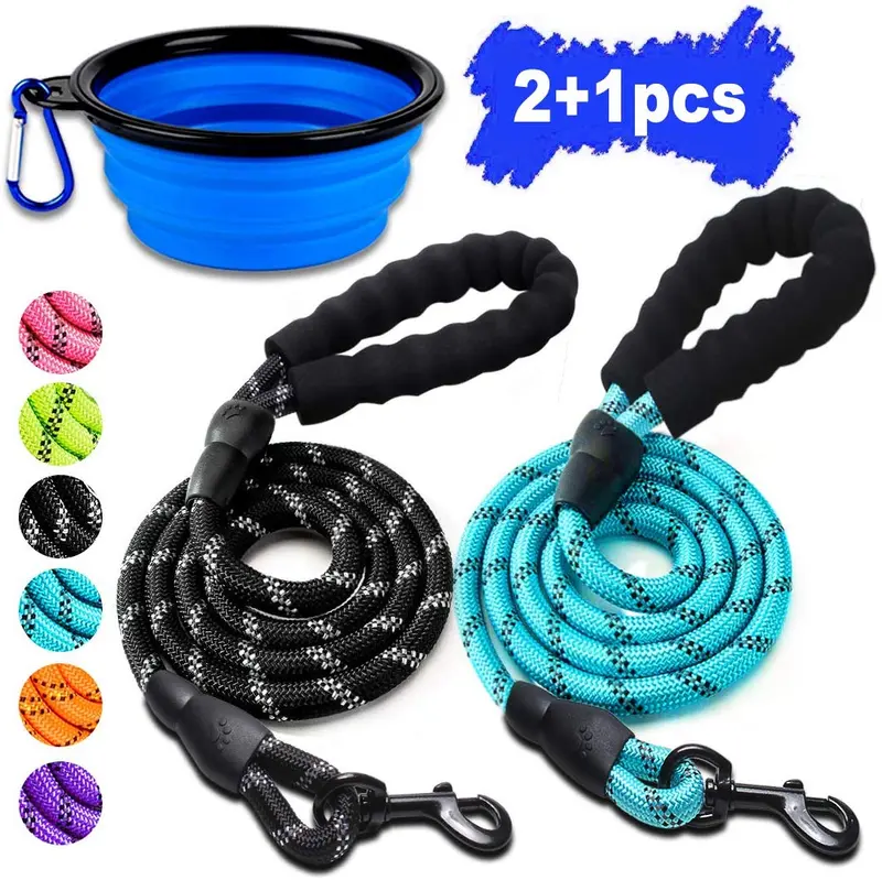 COOYOO 2 Pack Correa para Perro 5 pies Heavy Duty colores radiantes, cuerda reflectante – Mango acolchado – Correa reflectante para Perros medianos y grandes con cuenco plegable para mascotas