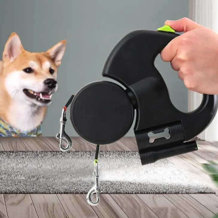 Correa extensible doble reflectante para perros pequeños – Con luz y dispensador de bolsas