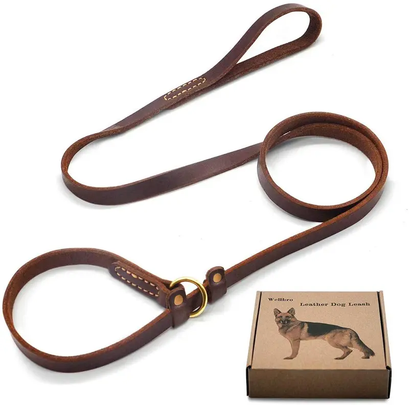 Correa para perro Wellbro de piel auténtica, con costuras ajustables y deslizantes, correas de entrenamiento para perros grandes y medianos, color marrón