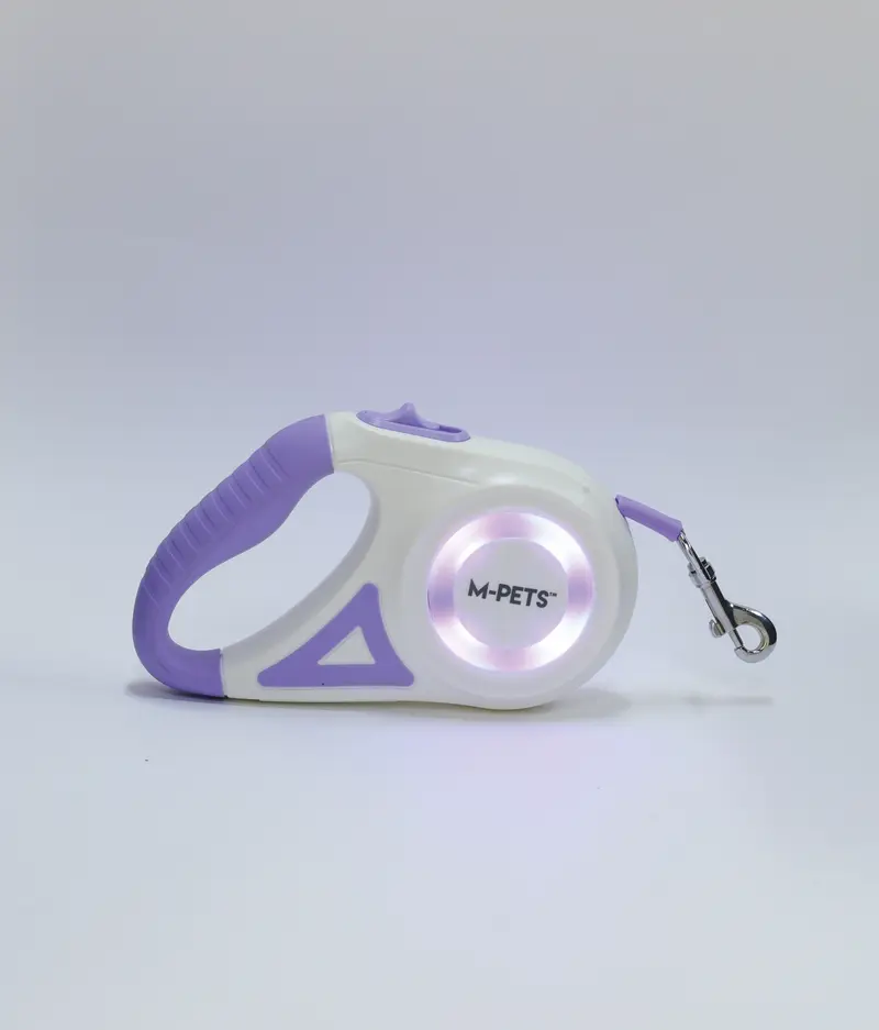 Correa Retráctil con Luz LED para Perros M-Pets FLASH 5m - Morado (6 Colores de Luz + Antienredos)