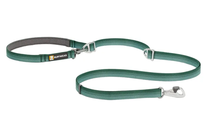 Correa Switchbak Verde (River Rock Green) multiusos, doble y manos libres de Ruffwear