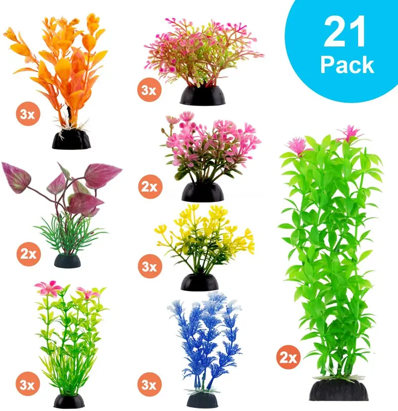 CousDUoBe - Juego de 21 decoraciones de acuario de plástico realista para decoración de peceras y peceras para el hogar y la oficina de simulación de plantas hidropónicas de plástico