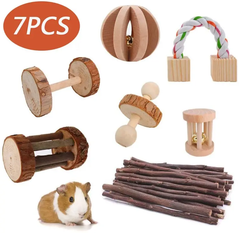 CROWNY Hamster Chew Toys, Gerbil Rat Guinea Pig Chinchilla Chew Toys Accessories, Natural Wooden Dumbbells Exercise Bell Roller Teeth Care Molar Toy for Rabbits Bird Bunny