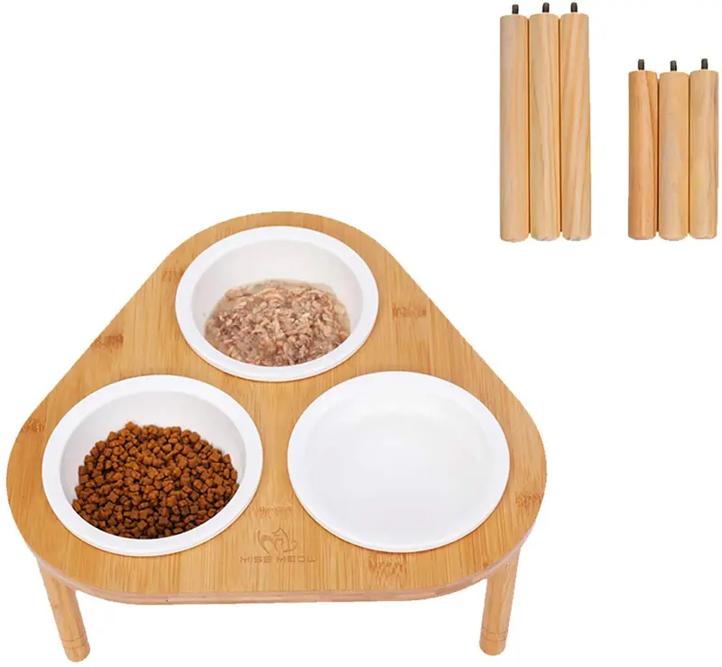 Cuencos elevados para perro con soporte para alimentación, soporte de bambú elevado con 3 cuencos de cerámica y acero inoxidable, antideslizantes y pies extraíbles.