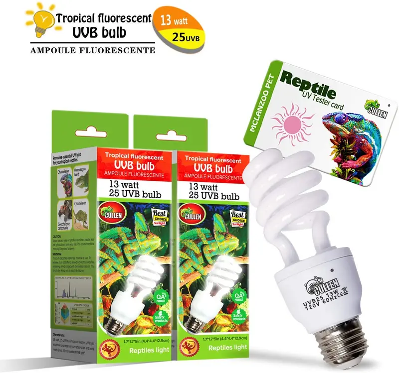 CULLEN 2 Pack UVB Reptile Light Bulb/Lamp 10.0UVB Energy Saving Lamps Heat Lamp Basking Spot Lamp for Reptile Turtle Bearded Dragons and Amphibians with UV Tester Card