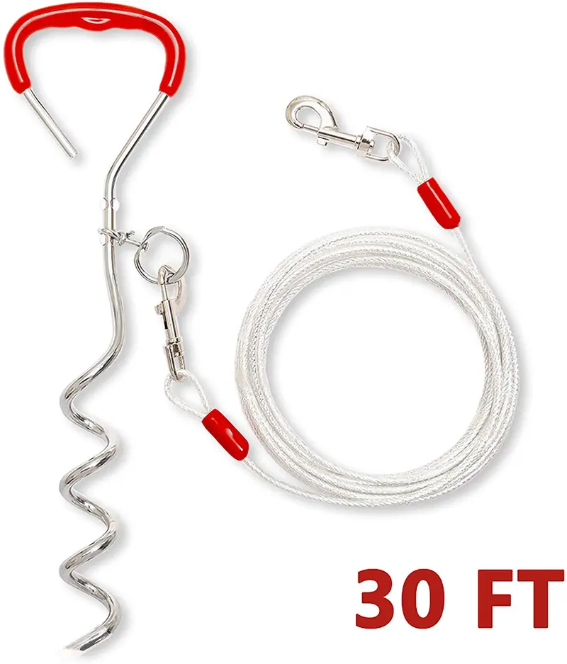 DCSUIT Dog Tie Out Cable Stake - 30 FT Rope Escape Proof Reflective Leash Heavy Duty Antirust Safety Swivel Clasp Easy Control for SML Dogs Play/Training in The Yard/Camping/Garden,Traveling Outdoor