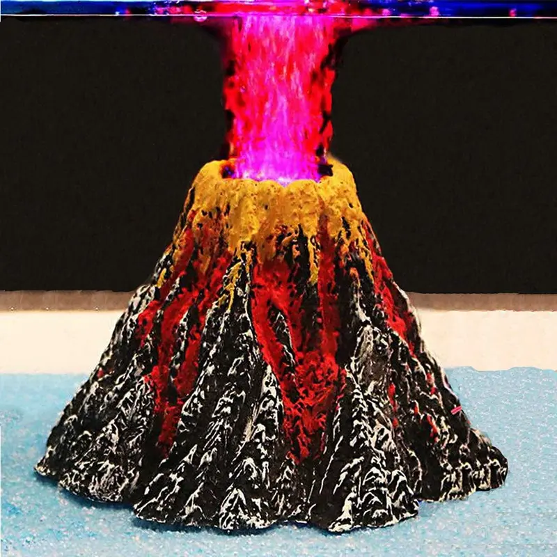 Decoraciones de acuario, burbuja de piedra de aire en forma de volcán, juego de adorno con foco LED rojo para acuario Betta tanque de peces