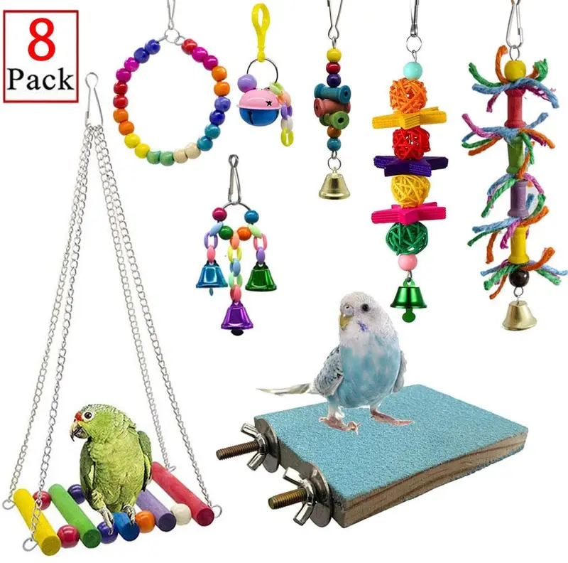 Deloky 8 paquetes de juguetes para masticar con columpio de pájaros, hamaca de loro, juguetes adecuados para pequeños parakeets, cacatolas, conos, aletas, chacamayos, loros, pájaros de amor