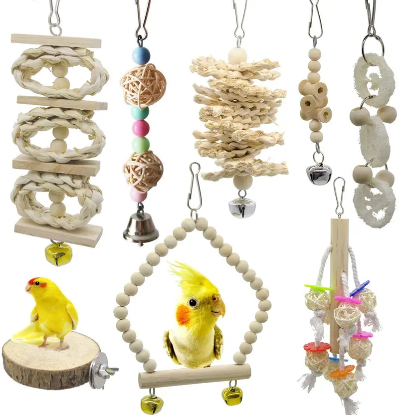 Deloky 8 paquetes de juguetes para masticar loros de madera natural, jaula colgante para pájaros, ideal para pequeños periquitos, cacatúas, conures, pinzones, periquitos, loros, pájaros enamorados