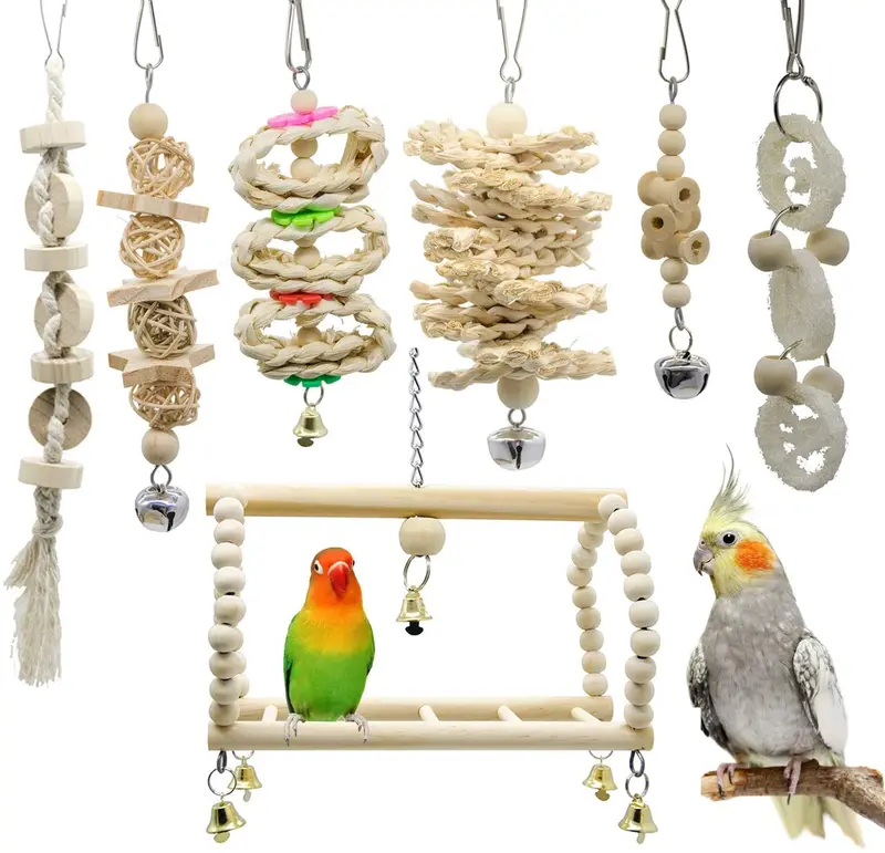 Deloky - Juego de 7 paquetes de juguetes para masticar loros para pájaros, apto para pequeños parakeets, cacatolas, conos, aletas, guacamayos, loros, pájaros de amor