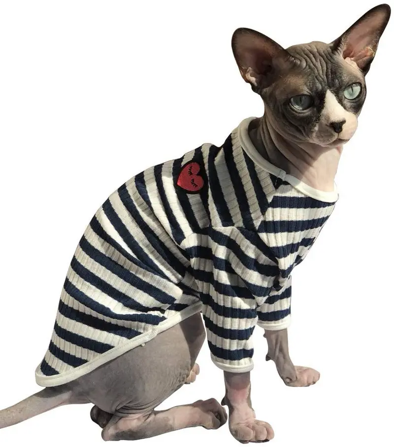 DENTRUN - Camiseta sin pelo para gatos, con diseño de rayas, ideal para todas las estaciones, suave y agradable al tacto