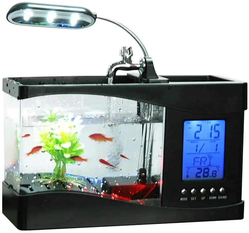Docooler - Mini acuario de escritorio USB con reloj LED