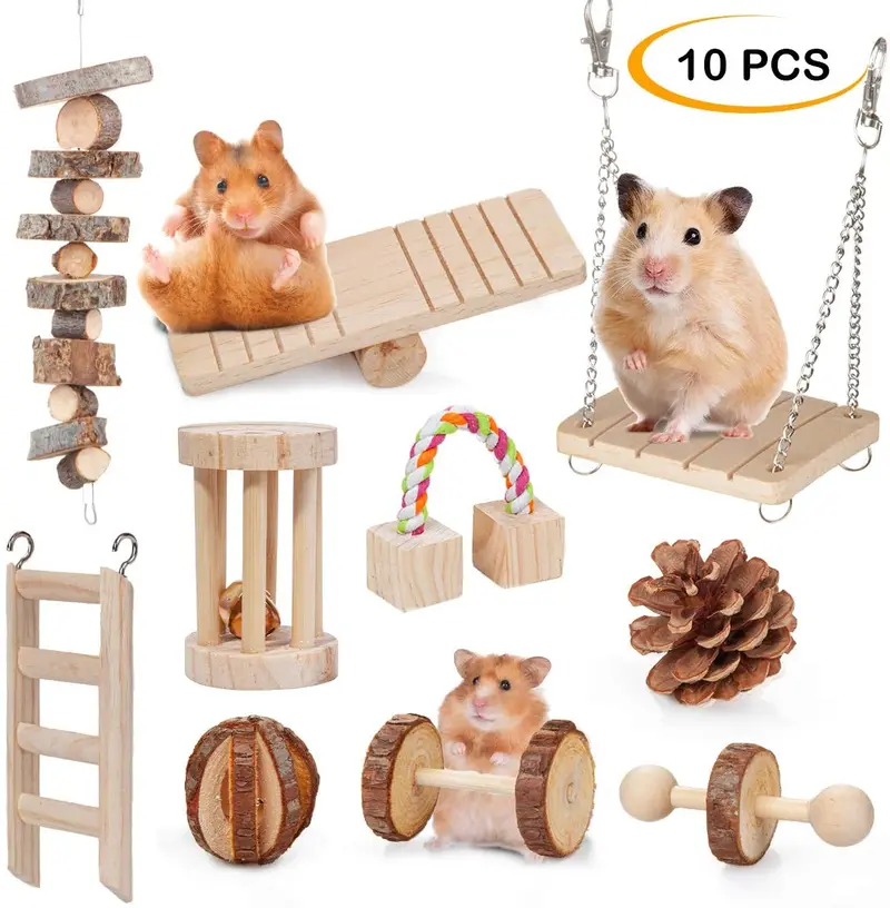Dono Hamster Chew Toys - Natural Wooden Play Toy Exercise Bell Roller Teeth Care Molar Toy for Guinea Pig Chinchilla Hamster Parrot Bunny Other Small Animals