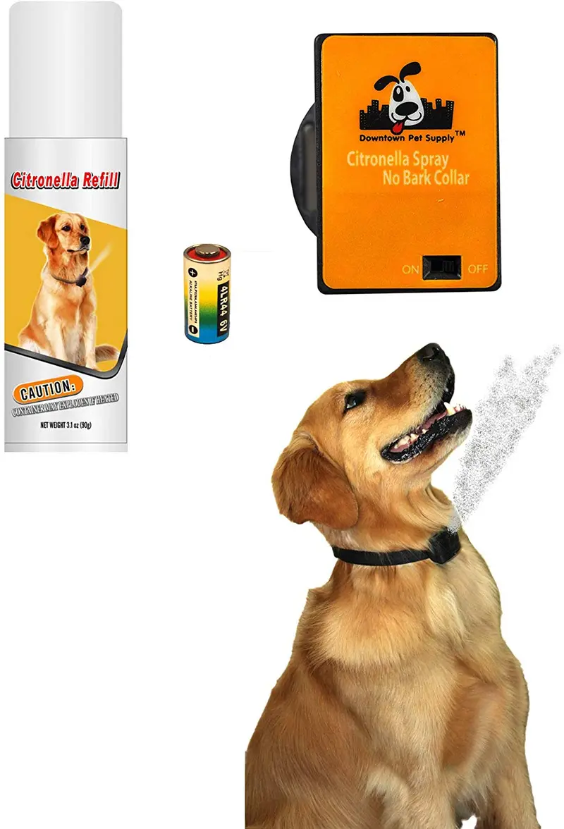 Downtown – Kit para mascotas con cuello de citronela en spray, antiladrillos para perros – Collar seguro y eficaz y con control de ladridos para perros