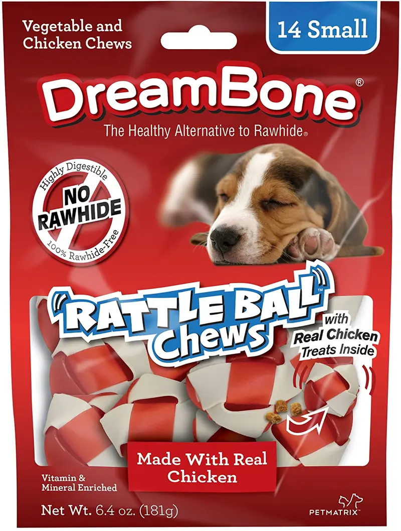 DreamBone RattleBall - Mastica pequeña de 14 unidades, sin piel cruda para perros, con golosinas reales en el interior