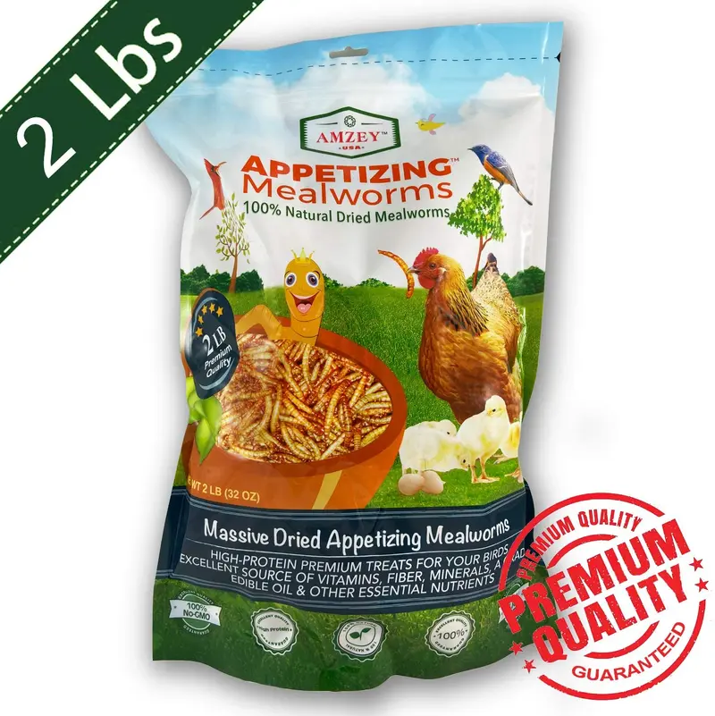 Dried Mealworms -2 LBS- 100% Natural Non GMO Mealworms -Food For Chicken- High Protein Mealworms for Bird, Duck Food, Bearded Dragon Diet, Gecko Food, Turtle Food, Lizard Food - Bulk Mealworms 2 LBS
