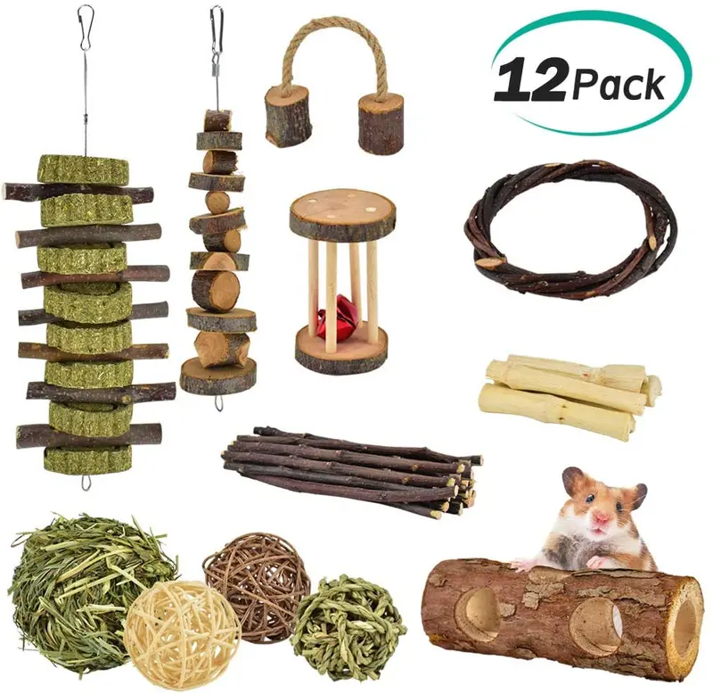 ERKOON New 12 Pack Hamster Chew Toys Gerbil Rat Guinea Pig Chinchilla Chew Toys Accessories, Natural Wooden Dumbbells Exercise Bell Roller Teeth Care Molar Toy for Rabbits Bird Rabbits Hamster Gerbil