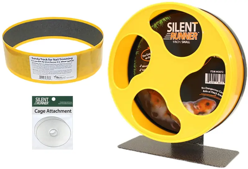 Exotic Nutrition Silent Runner 9" + Sandy Track + Cage Attachment - Juego de rueda de ejercicio para mascotas