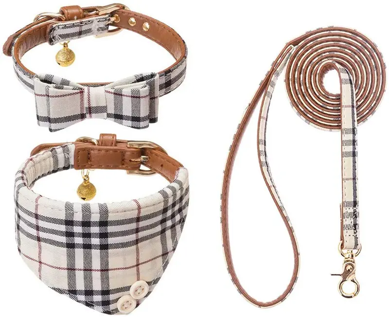 EXPAWLORER Juego de collar y correa para perro, clásico, a cuadros, ajustable, bandana y collares con campana para cachorros y gatos, 3 unidades