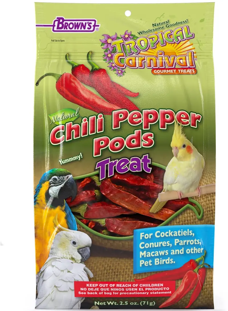 F.M. Brown 's Tropical Carnaval natural Chili cápsulas de pimienta Treat para cacatúas, loros, papagayos, guacamayos y otras aves de mascotas, sun-ripened y cosechado, sin sabores artificiales, 2.5oz