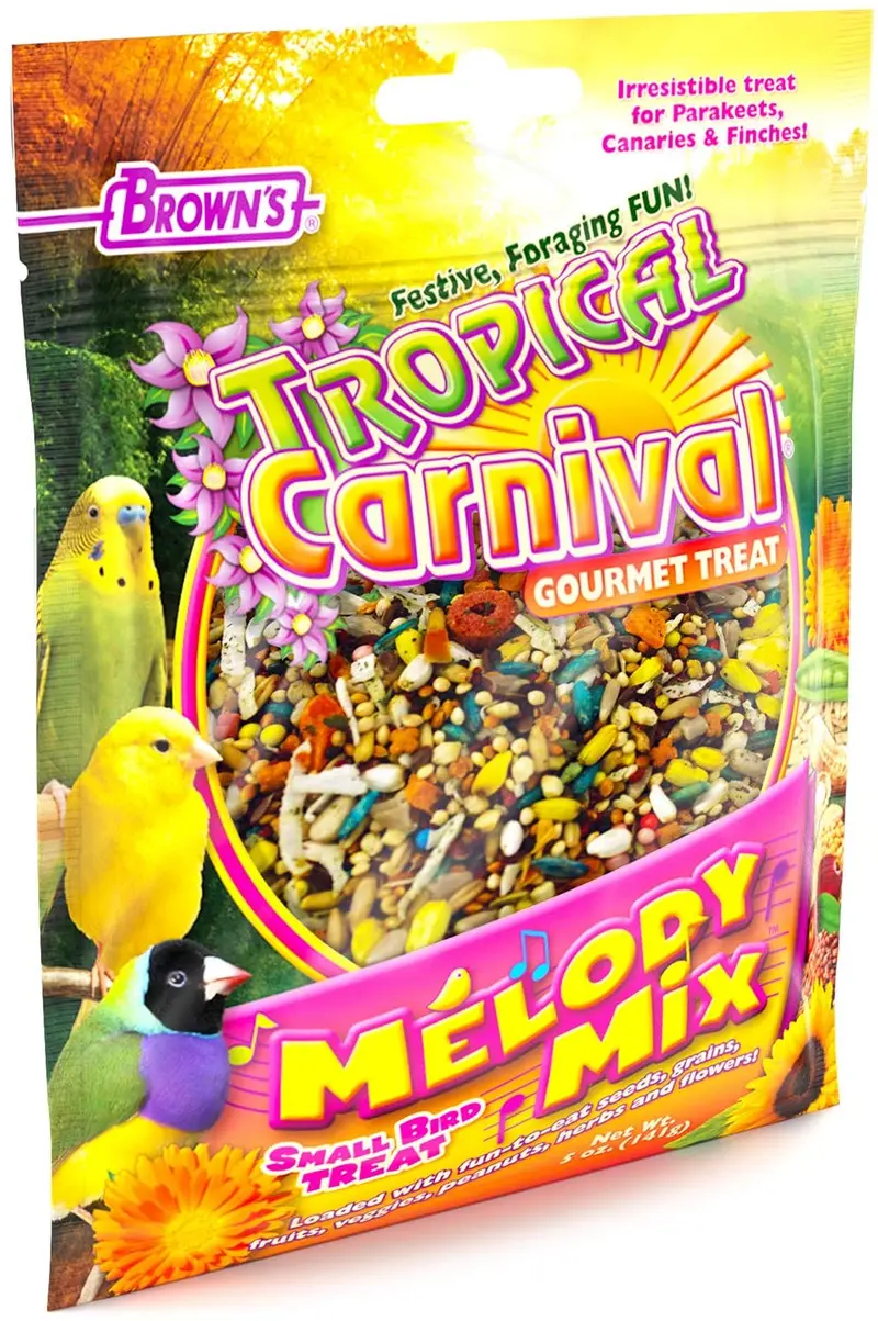 F.M. Brown 's Tropical Carnival Melody Mix pequeño pájaro foraging tratar con frutas, verduras, frijoles, Semillas, y hierbas para periquitos, Canarios, y pinzones, 5oz