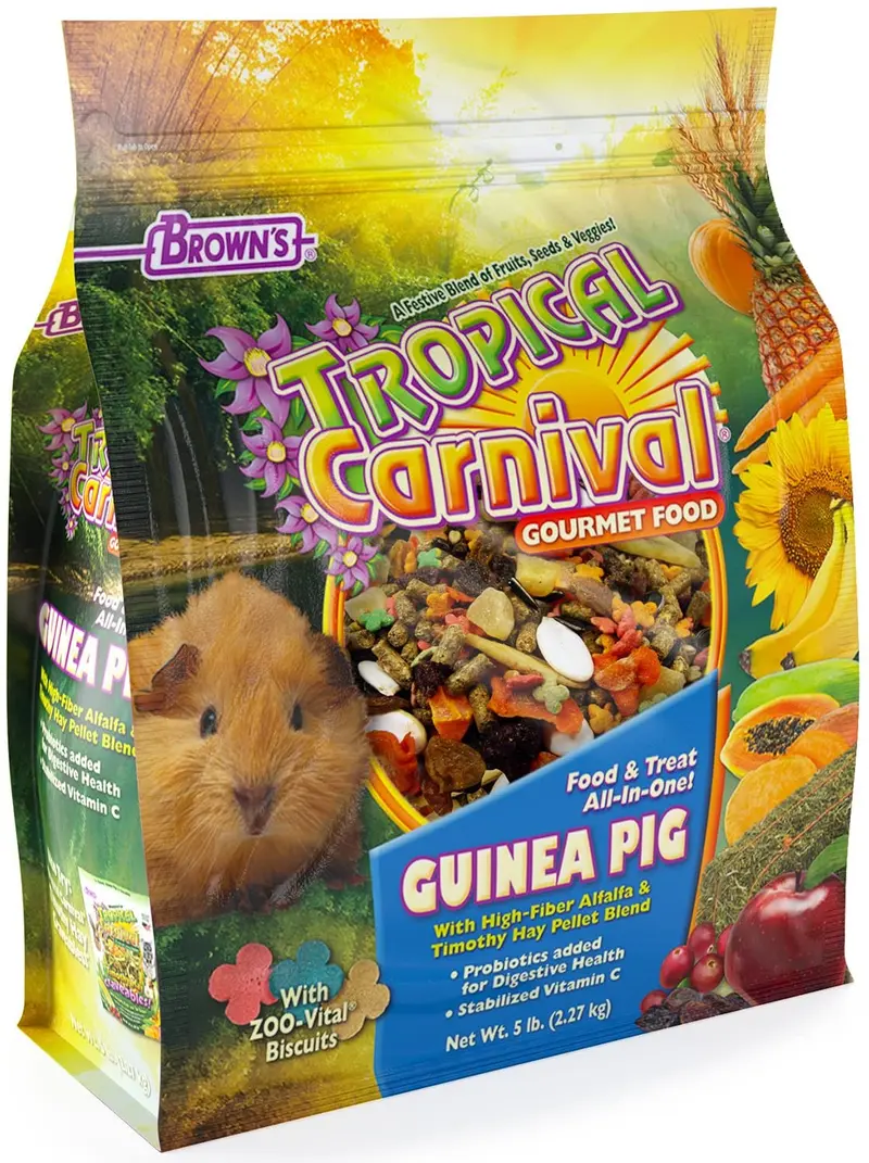 F.M. Brown's Tropical Carnaval Gourmet Guinea Pig Comida con Alfalfa y Pellets de Heno Timoteo – Dieta Diaria Fortificada con Vitaminas y Nutrientes