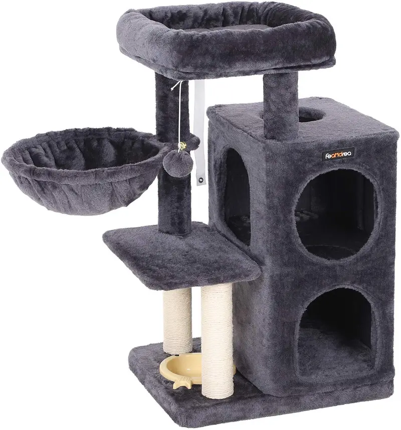 FEANDREA Árbol de gato de varios niveles con comedero, postes rascadores cubiertos de sisal, doble condominio, centro de actividad, muebles de torre de gato, gris ahumado UPCT57G