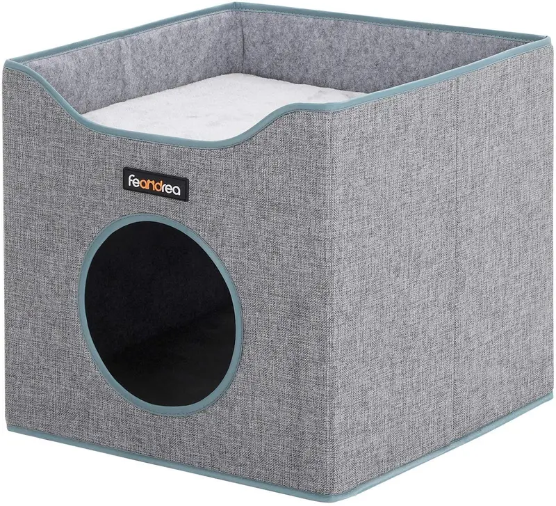 FEANDREA - Cubo plegable para gato, con superficie de remolque y 2 cojines reversibles, para gatos, cueva, lino, fieltro y tablero DM, resistente a los arañazos, color gris UPCB04G