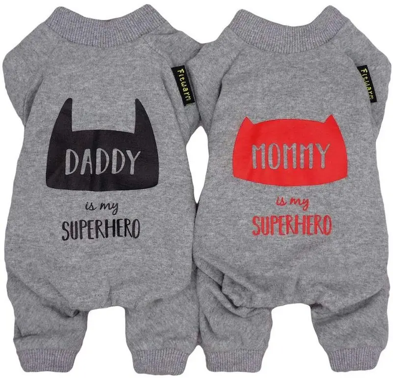 Fitwarm - Juego de 2 prendas de pijama para perro con texto en inglés "Daddy Mommy is My Superhero", pijamas para gato, pijamas, pijamas, algodón, gris