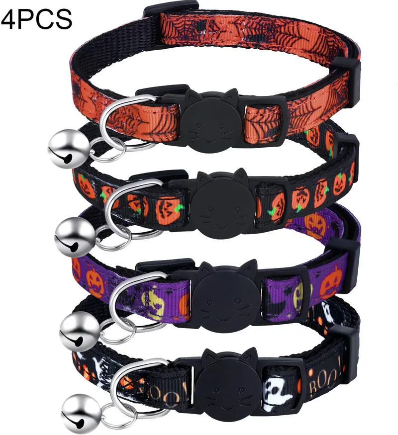 Frienda - 4 collares para gatos de Halloween, ajustables con campana, incluye patrones de calabaza fantasma para Halloween, fiestas, gatos, accesorios de aseo