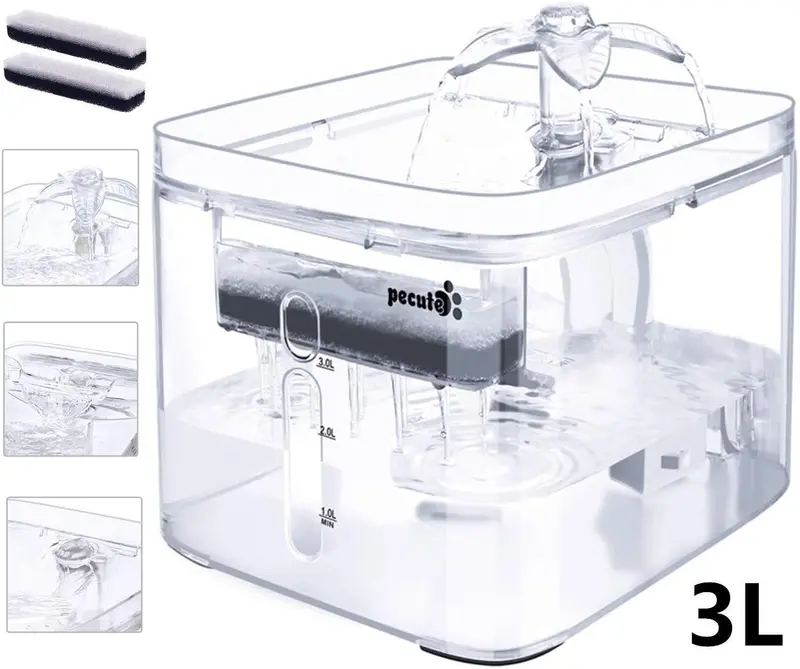 Fuente de agua Pecute para gatos, 3 l/3 modo de salida automático, diseño transparente, dispensador de agua para perro con 2 filtros reutilizables para gatos, perros, múltiples mascotas