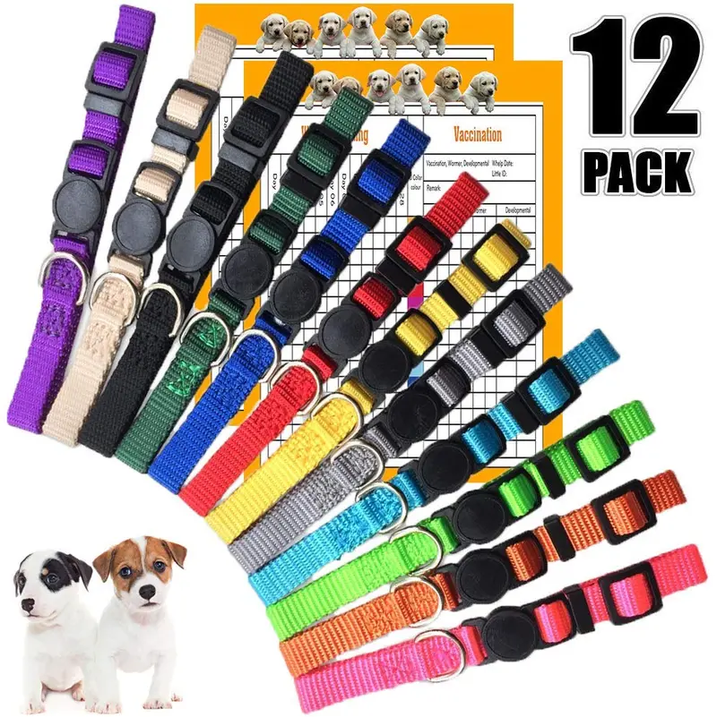 GAMUDA - Collares para cachorros - Super suave de nailon para cachorros - Collares ajustables para desechos - Varios colores lisos y collares de identificación con 2 gráficos de registro - Juego de 12