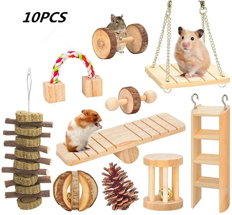 Goging Hamster Chew Toys, 10Pack Guinea Pig Rat Gerbil Chew Toys Accessories, Natural Wooden Pine Chewing and Playing Exercise Bell Roller Teeth Care Toy for Bunny Rabbits Gerbils Small Pets