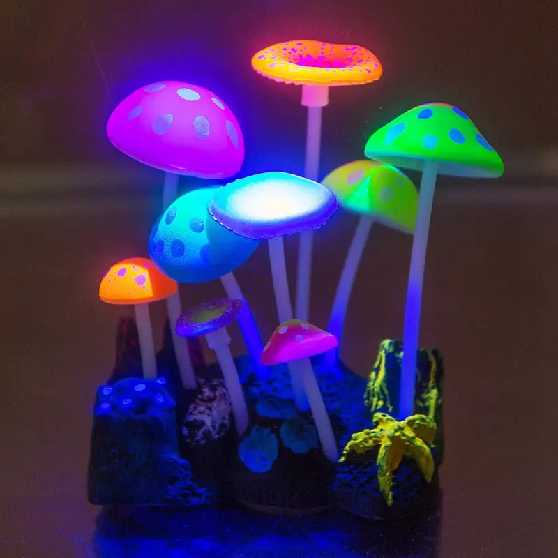Govine decoración de acuario, seta artificial brillante, decoración de acuario de plástico para decoración de peceras