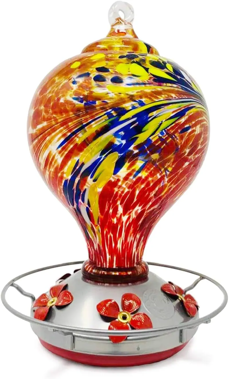 Grateful Gnome - Comedero de colibrí - Vidrio soplado a mano - Huevo rojo grande con flores - 36 onzas líquidas